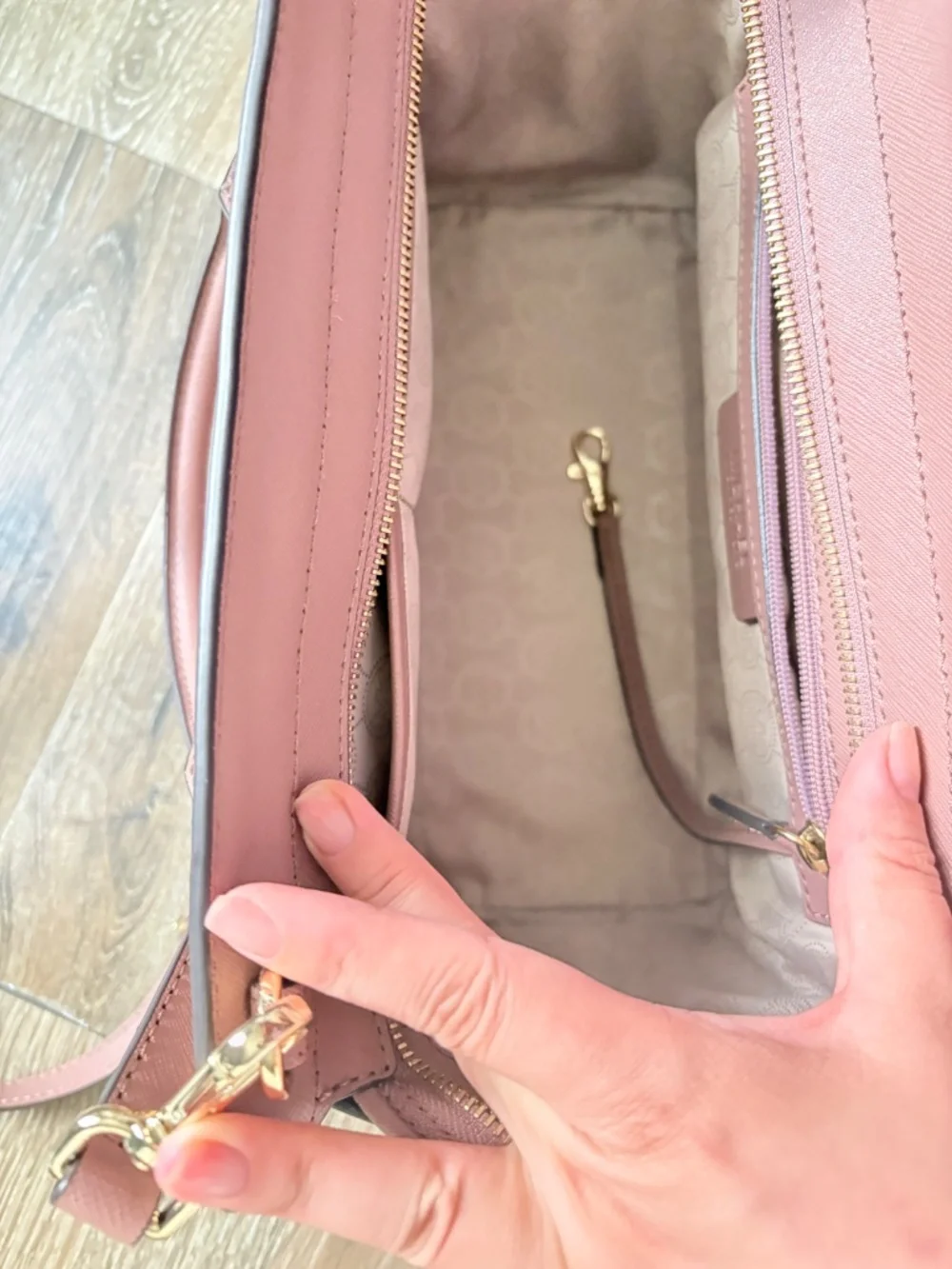 Michael Kors Selma Studded Medium Saffiano Leather Satchel Pink Gold Hardware